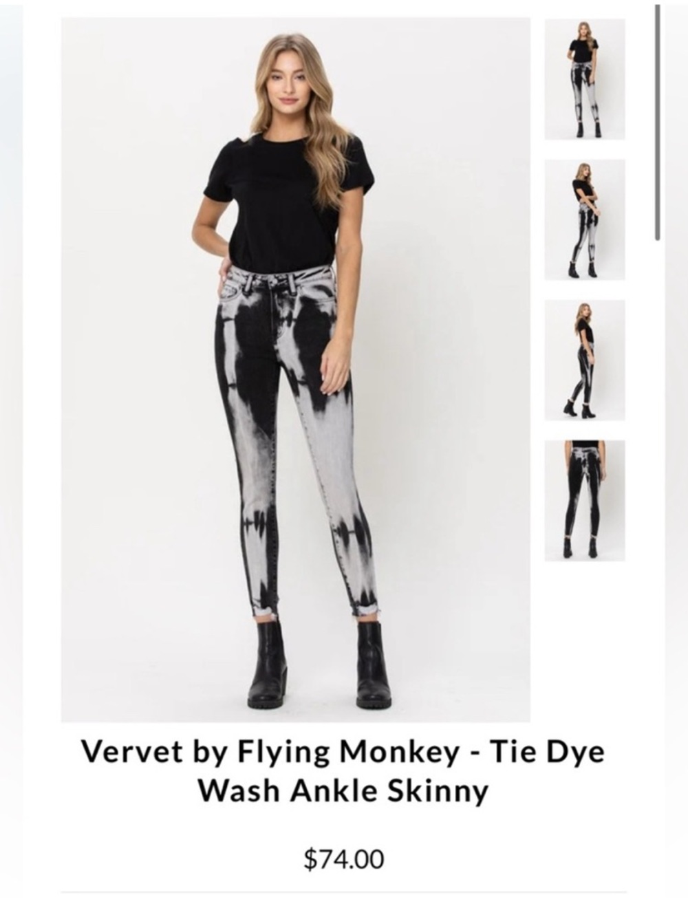 Vervet by Flying Monkey Haylie skinny jeans in a black and gray tie-dye wash